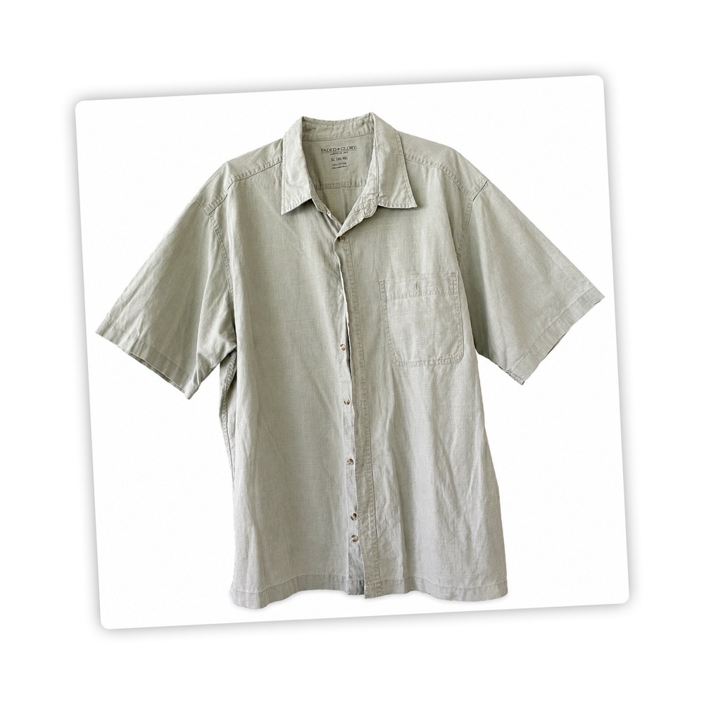 Faded Glory Mens Button Up Shirt XL Green Short Sleeve Cotton Casual